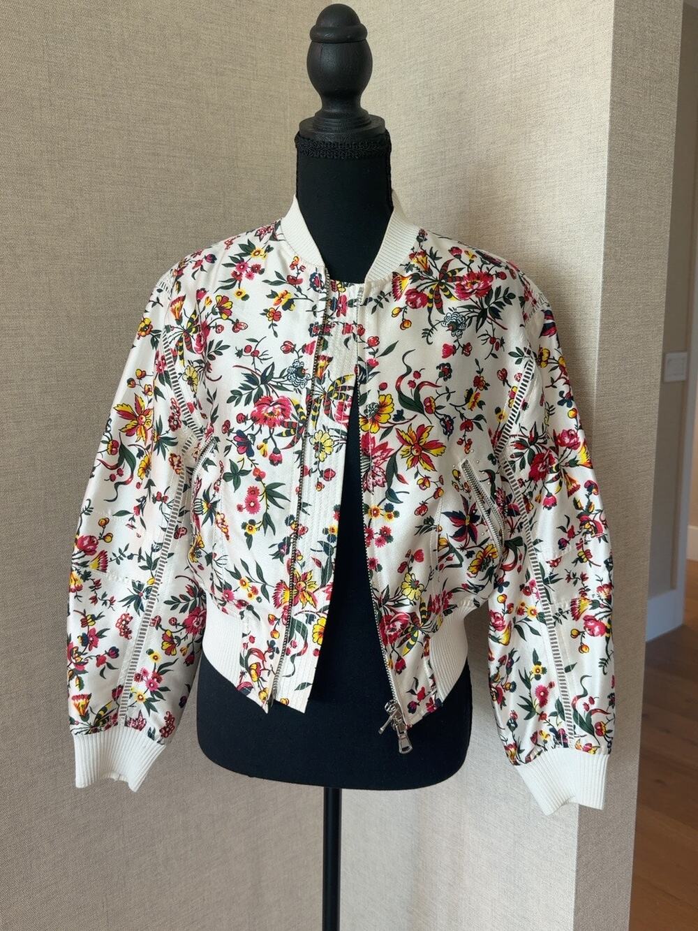 3.1 Phillip Lim Ivory Floral Print Zip Bomber Jacket Size 0